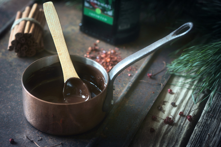 Hot chocolate preparation on the metal background horizontalの写真素材