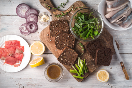Ingredients for Smoresbrod on the table horizontalの写真素材