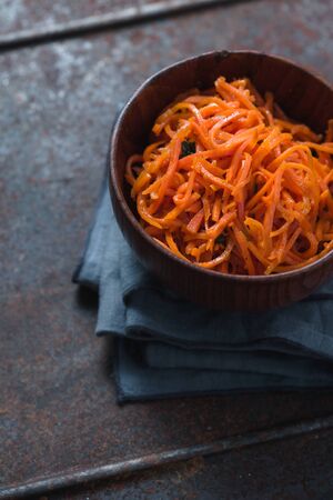 Carrots in Korean on a metal tableの写真素材