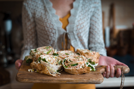 Tuna lavash rolls with fresh salad leafsの写真素材
