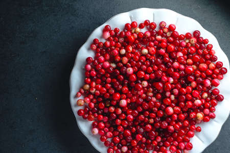 Red cranberries on a large white plate on a gray backgroundの写真素材