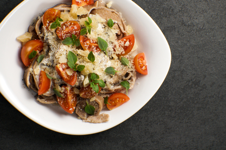 Italian pasta with mushroom sauce closeupの写真素材