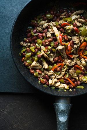 Frying pan with ready fajita closeup. Mexican cuisine.の写真素材