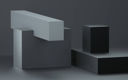 Abstract still life two pyramids from black and gray boxes 3D imageの写真素材