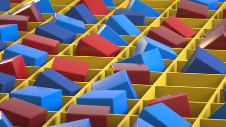 Chaotic arrangement of cubes in the yellow sections of the 3D image horizontalの写真素材
