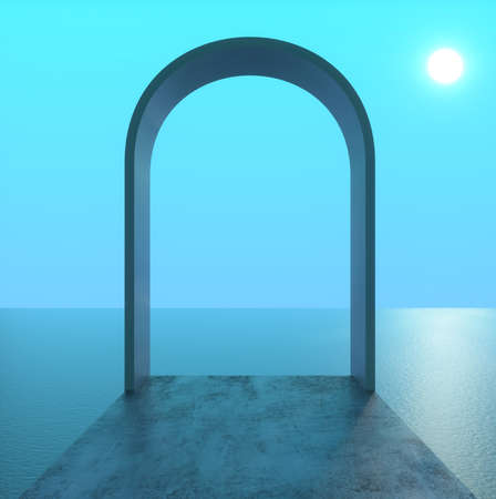 Abstract image of a view of the blue sea through an arch 3D image squareの写真素材