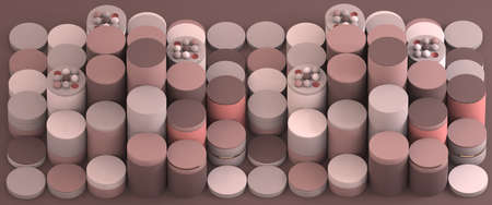 Abstract composition of cylinders of different heights and powder balls 3D image letterboxの写真素材