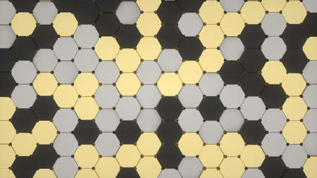 Abstract image of a pattern of black gold and gray hexagons 3D image