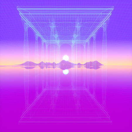 Abstract image of a sunset view through a 3D image gallery