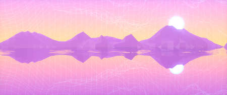 Abstract image of the reflection of mountains and the sun in the sea 3D imageの写真素材