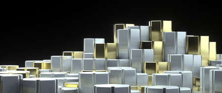Abstract image pyramid of silver parallelepipeds on a black background 3D image