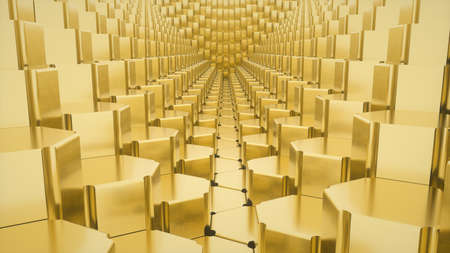 Abstract image of a tunnel made of Golden hexagons close up 3D imageの写真素材