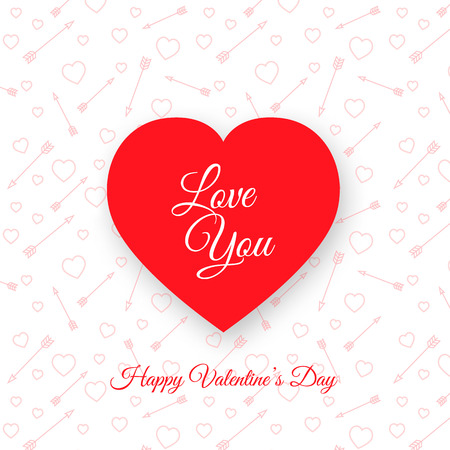 Postcard Happy Valentine\'s Day with red heart. Pattern of arrows and hearts.のイラスト素材