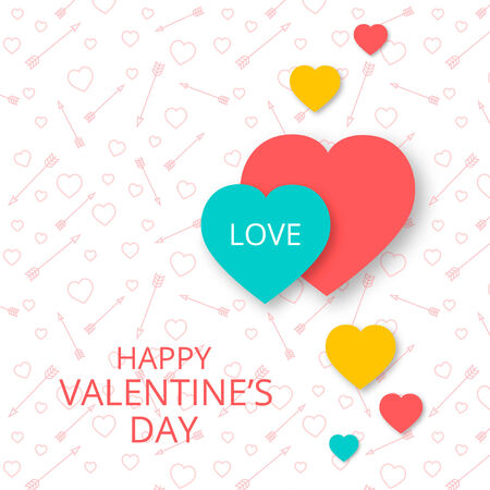 Postcard Happy Valentine\'s Day with colored hearts. Pattern of arrows and hearts.のイラスト素材