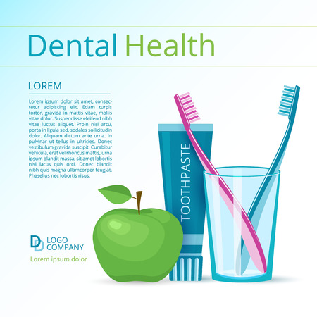 Dental health vector flyer or poster template. Toothbrushes and toothpaste, green apple.のイラスト素材