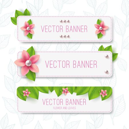 Set of banners with flowers and leaves. Spring or summer design. Vector stickerのイラスト素材