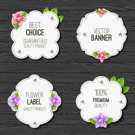 Set of banners with flowers, pearls and leaves. Spring or summer design. Vector labelのイラスト素材