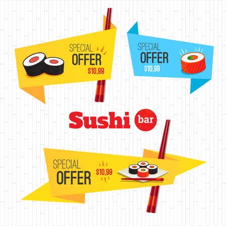 Sushi set origami banners special offer on rolls. Logo sushi barのイラスト素材