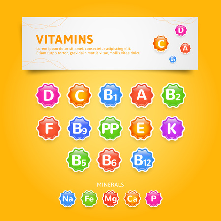 Vector set colorful glossy labels vitamins. Icons mineralsのイラスト素材