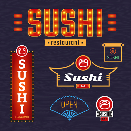 Luminous signs sushi. Vector, badges, labels. Outdoor advertisingのイラスト素材