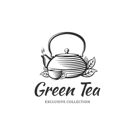 Tea logo design template for cafe, shop, restaurant. Kettle and bowl in the style of engraving.のイラスト素材