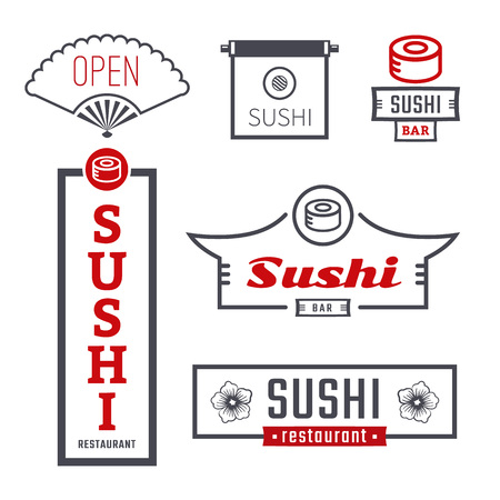 Sushi set of signs. Vector logo and emblems for sushi bar. Outdoor advertisingのイラスト素材