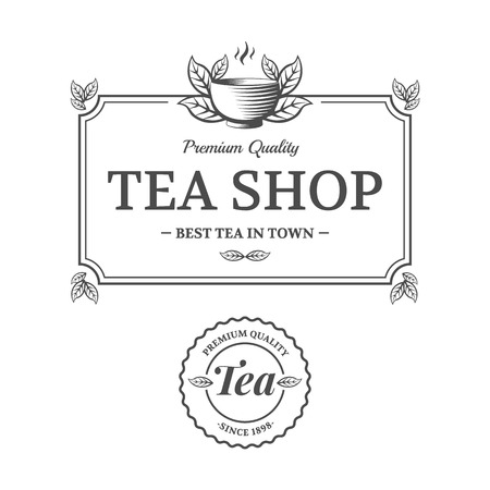 Tea shop sign and stamp. Mug style of engraving. Vector illustrationのイラスト素材