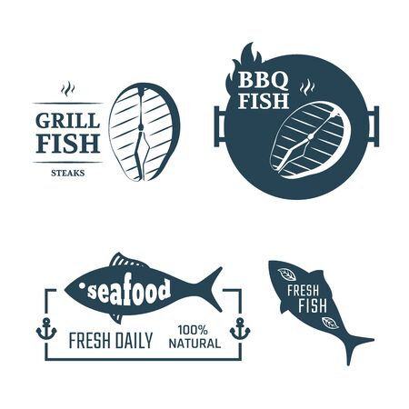 Grill fish and seafood vector set labels.のイラスト素材