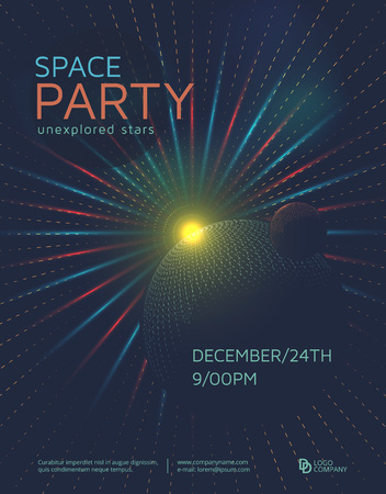 Space party poster design template. Futuristic space background with planets. のイラスト素材