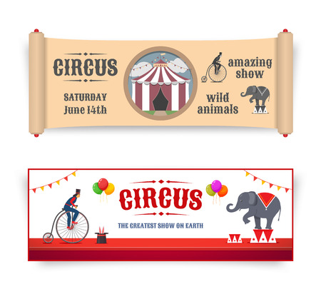 Circus banners illustrations in retro and flat style. Vectorのイラスト素材
