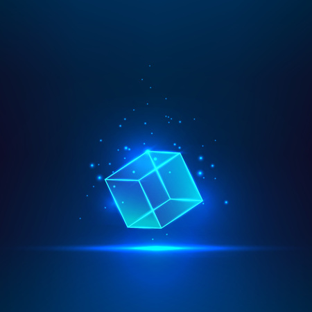 Blue glass cube. Geometric object floating in the air.のイラスト素材