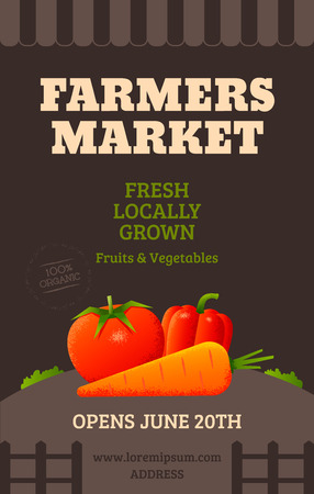 Farmers market poster template with vegetables tomato carrot pepper. Vector illustrationのイラスト素材