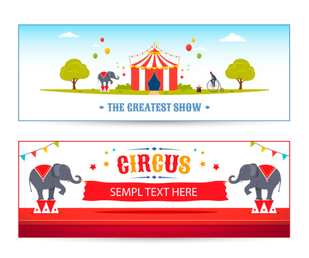 Cartoon Circus banner set. Vector circus park illustration. Circus elephants are holding a banner.のイラスト素材