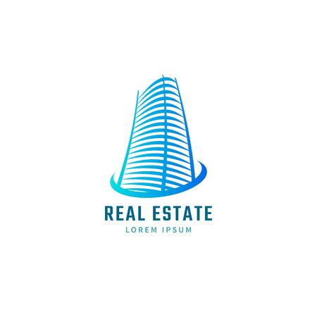 Blue real estate template. House icon. Rise building sign.のイラスト素材
