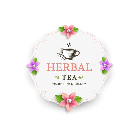 Herbal tea label with flowers and tea cupのイラスト素材