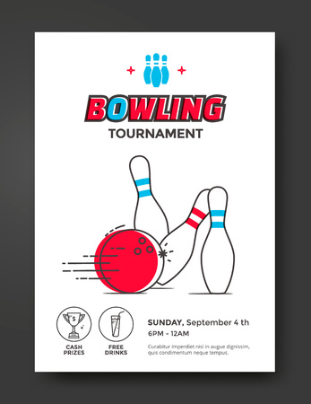 Bowling tournament poster vector template. Flyer with line illustration bowling ball and skittles.のイラスト素材