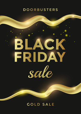Black Friday sale poster or flyer design with golden text and curl elements. Vector illustrationのイラスト素材