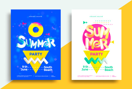 Summer party posters design with geometric shapes and blend lettering. Vector illustration for flyers, placards, brochures, covers.のイラスト素材