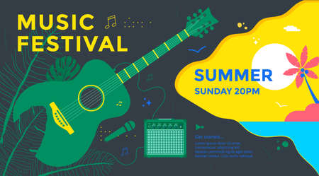 Summer music festival poster design with green guitar and tropical leaves. Concert banner vector template.のイラスト素材