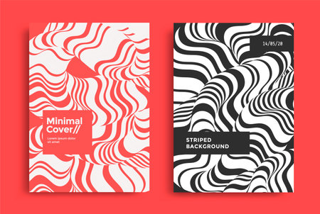 Cover templates set with optical fluid wave. Duotone geometric compositions with wavy 3d shape. Dynamic flow background design for brochures, posters, flyers.のイラスト素材