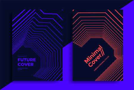 Minimal sci-fi posters set with neon lines.のイラスト素材