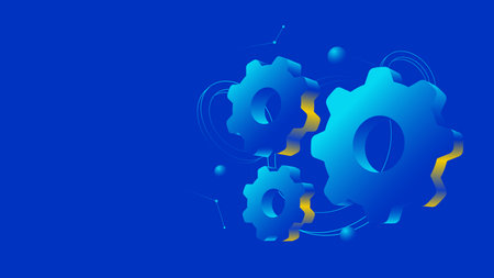 Gears 3D illustration on vivid blue background.のイラスト素材