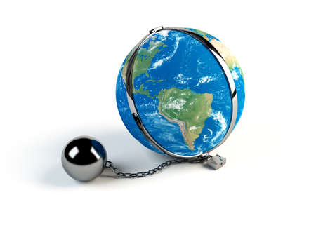Concept of Earth in chains on white background