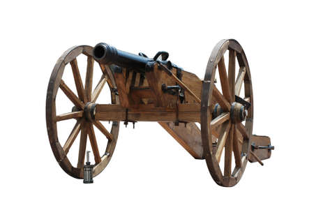 Ancient wheeled cannon isolated on white background の写真素材