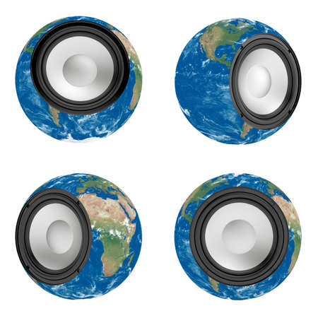 3d render of Earth with mounted musical speakeの写真素材