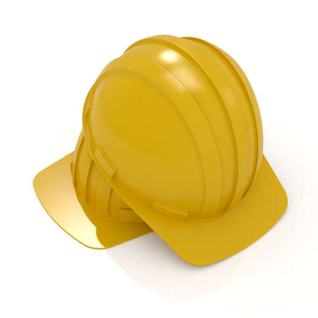 3d render yellow hard hats isolated on white の写真素材