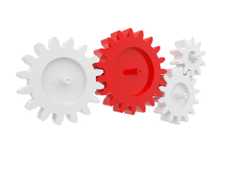 3d render of gear connect with red one on white backgroundの写真素材