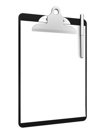 3d renderof clipboard with blank paper and pen on a white background の写真素材