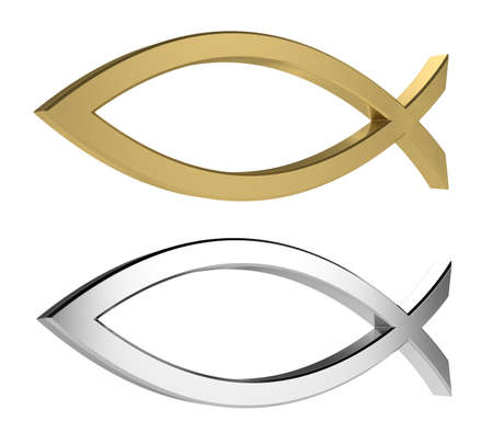 3d render of golden and silver icthus isolated on whiteの写真素材