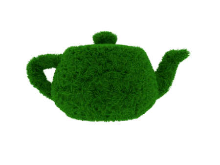 3d render of green grass teapot isolated on white backgroundの写真素材